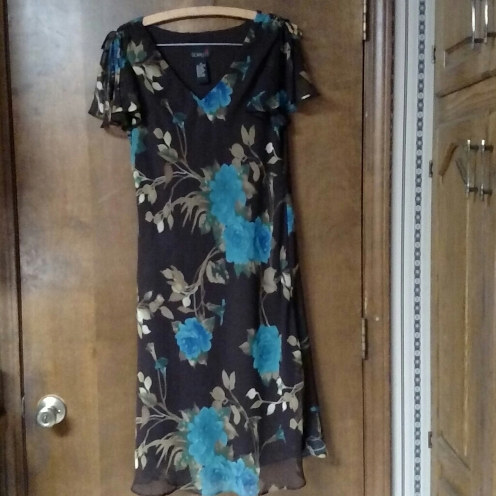Elegant Brown Dress With Teal Flowers